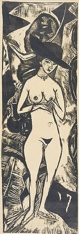 Ernst Ludwig Kirchner, Akt mit schwarzem Hut. 1911 (Kirchner,Ernst Ludwig,1880-1938,Graphische Sammlung,<br> Städel Museum Frankfurt am Main,Holzschnitt auf Velin-Japan,Städel Museum)