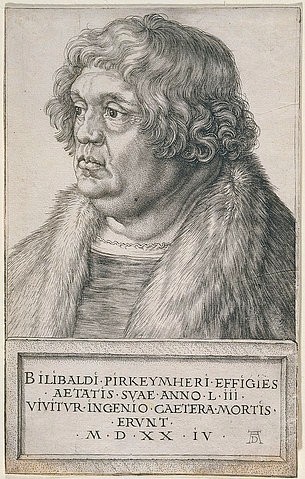 Albrecht Dürer, Willibald Pirckheimer. 1524 (Renaissance,Portrait,16. Jahrhundert,<br> Städel Museum Frankfurt am Main,Graphische Sammlung,Kupferstich,1471-1528,Dürer,Albrecht,Städel Museum,Willibald Pirckheimer,Humanist,Pelz,Pelzkragen,Mann,halblange Haare,halblang,ernst,Brustbild,Albrecht Dürer)