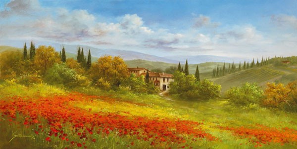 Heinz Schölnhammer, TUSCAN BEAUTY I (Landschaft, Toskana, Italien, Mohnblüte, Zypressen, Hügel, Realismus, Wunschgröße, Wohnzimmer, Treppenhaus, Malerei, bunt)