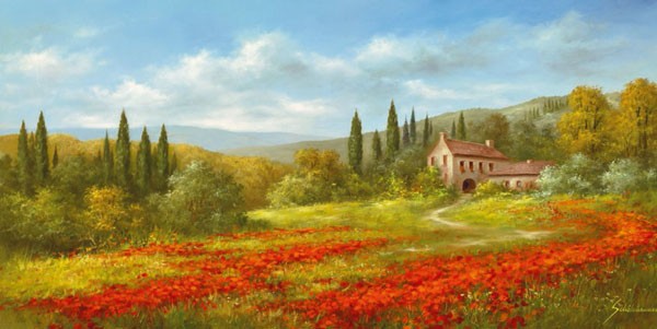 Heinz Schölnhammer, TUSCAN BEAUTY II (Landschaft, Toskana, Italien, Mohnblüte, Zypressen, Hügel, Realismus, Wunschgröße, Wohnzimmer, Treppenhaus, Malerei, bunt)