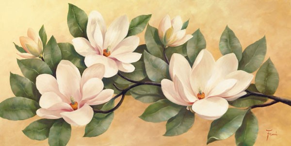 Fasani, MAGNOLIA (Malerei, Blumen, weiße Magnolien, Blütenzweig, Floral, Blüte, Blütenblätter, Schlafzimmer, Treppenhaus, Wunchgröße, bunt)