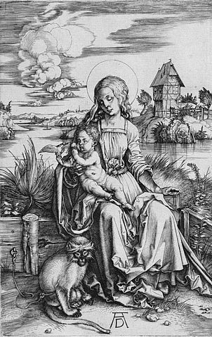 Albrecht Dürer, Maria mit der Meerkatze. Um 1498 (Dürer,Albrecht,1471-1528,Kupferstich,Graphische Sammlung,<br> Städel Museum Frankfurt am Main,Städel Museum, Madonna, Kind)