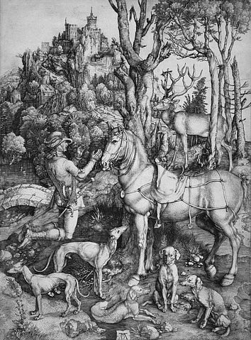 Albrecht Dürer, Der heilige Eustachius. Um 1501 (Dürer,Albrecht,1471-1528,Kupferstich,Graphische Sammlung,<br> Städel Museum Frankfurt am Main,16. Jahrhundert,Dürer,Albrecht Dürer,Renaissance,Städel Museum,Heiliger Eustachius, Pferd,Hund,Hunde, Burg,Heiliger Hubertus,beten,knien,Windhunde,Windhund)