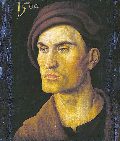 Albrecht Dürer, Bildnis eines jungen Mannes. 1500 (München,Alte Pinakothek,Dürer,Albrecht,1471-1528,Lindenholz,Dürer, Albrecht Dürer,16. Jahrhundert,Renaissance,Bildnis,Mann,Junger Mann,Gesicht,knochig,kantig,unrasiert,Wams, Bayerische Staatsgemäldesammlungen)