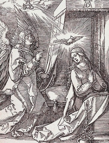 Albrecht Dürer, Die Verkündigung. Um 1510 (Dürer,Albrecht,1471-1528,Holzschnitt,Graphische Sammlung,<br> Städel Museum Frankfurt am Main,16. Jahrhundert,Renaissance,Religion,Städel Museum,Albrecht Dürer,Verkündigung,Maria,Jungfrau,Taube,heiliger Geist,Lesepult,sich freuen,Gott,Engel,Gabriel)