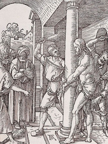 Albrecht Dürer, Die Geißelung Christi. Um 1509 (Dürer,Albrecht,1471-1528,Holzschnitt,Graphische Sammlung,<br> Städel Museum Frankfurt am Main,16. Jahrhundert,Renaissance,Städel Museum,Passion, Geißelung, Jesus Christus,Geißelsäule, auspeitschen,schlagen,Auspeitscher,Pontius Pilatus,Folter,foltern,schla)
