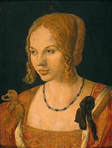 Albrecht Dürer, Brustbild einer jungen Venezianerin. 1505 (Wien,Kunsthistorisches Museum,Dürer,Albrecht,1471-1528,Rustenholz,Dürer, Albrecht Dürer,Frau,Junge Frau,Italien,Schmuck,blond,Brustbild,Kette,Renaissance)