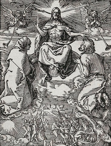 Albrecht Dürer, Das jüngste Gericht. Um 1510 (Dürer,Albrecht,1471-1528,Holzschnitt,Graphische Sammlung,<br> Städel Museum Frankfurt am Main,16. Jahrhundert,Renaissance,Religion,Städel Museum,Albrecht Dürer,Jesus Christus,Jüngstes Gericht,Maul,Engel,Fanfaren,Weltenrichter,Verdammte,Errettete,Christent)