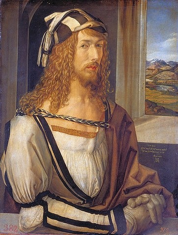 Albrecht Dürer, Selbstbildnis mit Landschaft. 1498 (Madrid,Museo del Prado,Dürer,Albrecht,1471-1528,Holz,Selbstbildnis,Dürer,Haar,Dürer, Albrecht Dürer)