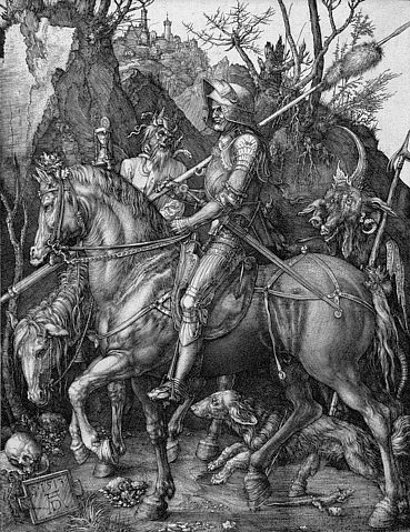 Albrecht Dürer, Der Reiter (Ritter, Tod und Teufel). 1513 (Renaissance,16. Jahrhundert,<br> Städel Museum Frankfurt am Main,Graphische Sammlung,Kupferstich,1471-1528,Dürer,Albrecht,Städel Museum,Albrecht Dürer,Ross,Speer,Totenkopf,Eidechse,Reiter,reiten,Moral,Monster,mittelalterlich,Lanze,Sanduhr,zeit,Vergänglich)