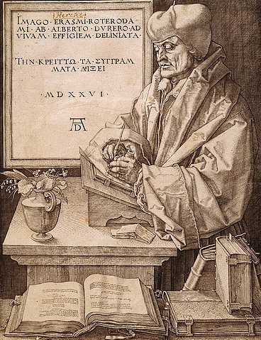Albrecht Dürer, Erasmus von Rotterdam. 1526 (Renaissance,<br> Städel Museum Frankfurt am Main,Graphische Sammlung,Kupferstich,1471-1528,Dürer,Albrecht,Städel Museum,Albrecht Dürer,Schreibpult,schreiben,Feder,Bücher,Erasmus von rotterdam,Gelehrter,Humanist,Philosoph,Desiderius Erasmus Roterodamus)