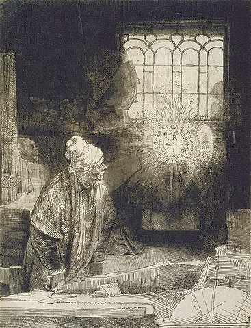 Rembrandt van Rijn, Faust. Um 1652-53 (Rembrandt van Rijn,1606-1669,Radierung,Graphische Sammlung,<br> Städel Museum Frankfurt am Main,17. Jahrhundert,Rembrandt Faust Faustus Gelehrter Licht)