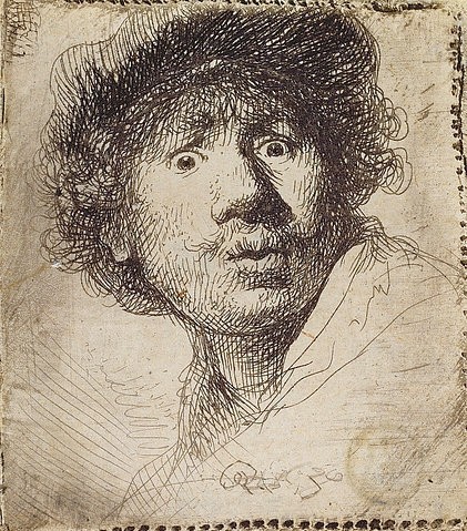 Rembrandt van Rijn, Selbstbildnis mit aufgerissenen Augen. 1630 (Rembrandt van Rijn,1606-1669,Radierung,Graphische Sammlung,<br> Städel Museum Frankfurt am Main,17. Jahrhundert,Rembrandt Selbstbildnis Portrait Selbstportrait)