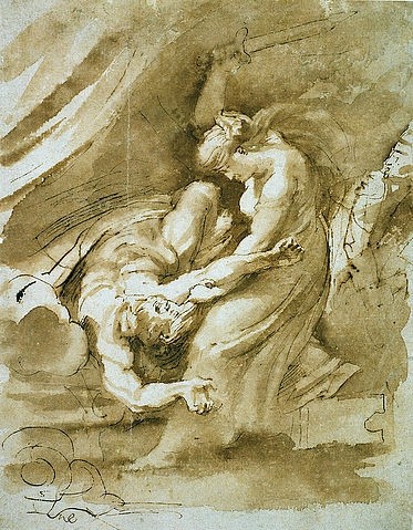 Peter Paul Rubens, Judith enthauptet Holofernes. Um 1609-10 (Rubens,Peter Paul,1577-1640,Feder in Braun,Graphische Sammlung,<br> Städel Museum Frankfurt am Main,17. Jahrhundert,braun laviert,Peter Paul Rubens Barock Altes Testament Judith Holofernes Lager Schwert Gewalt Heldin Frau)