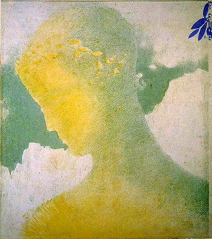 Odilon Redon, Beatrice. 1897 (Wunschgröße, klassische Moderne, Symbolismus, Gesicht, Frau, Schemen, diffus, mystisch, Figurativ,  Treppenhaus, Wohnzimmer, Malerei, pastell, bunt)