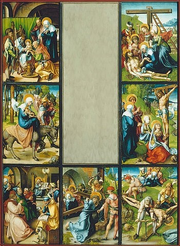 Albrecht Dürer, Altar: Die sieben Schmerzen der Mariae. 1495/96 (Altarbild, Maria, Leidensgeschichte, Jesus, religiös, Neues Testament, Klassiker, Malerei, Wohnzimmer, Renaissance, Wunschgröße, bunt)