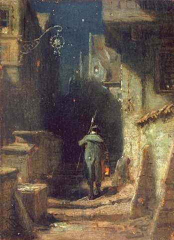 Carl Spitzweg, Nachtwächter in einer Gasse einer alten Stadt. Um 1875 (Spitzweg,Carl,1808-1885,München,Stadtmuseum,Öl auf Holz,19. Jahrhundert,Spitzweg,Carl Spitzweg)