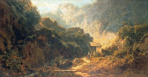 Carl Spitzweg, Felsental mit Kapelle. (Malerei, Klassiker, Landschaft, Tal, Felsen, Betende, Stille, Ruhe, Wald, Sonnenlicht, Kapelle,  Wunschgröße, Wohnzimmer, Treppenhaus, bunt)