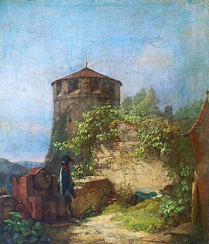 Carl Spitzweg, Schlafender Wachtposten. (Malerei, Klassiker, Landschaft, Burg, Soldaten, Schlafen, Humor, Wunschgröße, Wohnzimmer, Treppenhaus, bunt)