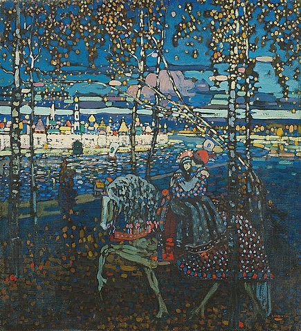 Wassily Kandinsky, Reitendes Paar. 1907 (Kandinsky,Wassily,München,Städtische Galerie,1866-1944,Öl auf Leinwand,Kandinsky, Wassily Kandinsky,20. Jahrhundert,Paar,Reiten,Russland,Reiter,Jugendstil,Märchen,Frühwerk)