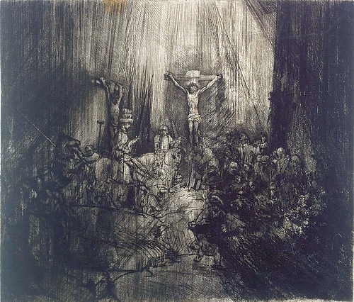 Rembrandt van Rijn, Die drei Kreuze. Um 1653/54 oder um 1660/61. Vierter von fünf Zuständen. (Rembrandt van Rijn,1606-1669,Graphische Sammlung,<br> Städel Museum Frankfurt am Main,Kaltnadel,17. Jahrhundert,und Grabstichel,Barock,Rembrandt,Städel Museum,Kreuzigung,Religion,Jesus Christus,Passion,Menschenmenge,Christentum,Kreuz,Gekreuzigte,Golgotha,)