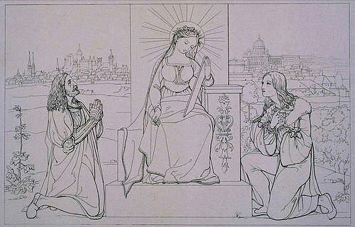 Georg Carl Hoff, Dürer und Raffael knien vor dem Thron der Kunst. Um 1832 (Renaissance,19. Jahrhundert,1807-1862,Hoff,Georg Carl,<br> Städel Museum Frankfurt am Main,Graphische Sammlung,Radierung,Städel Museum,Georg Carl Hoff,Albrecht Dürer,Raffael,Künstler,anbeten,Kunst,Italien,Deutschland,Personifikation,Thron,huldigen)