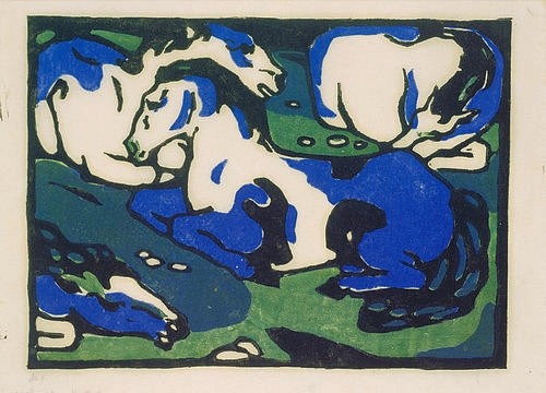 Franz Marc, Ruhende Pferde. (20. Jahrhundert,<br> Städel Museum Frankfurt am Main,Graphische Sammlung,Holzschnitt,1880-1916,Marc,Franz,Städel Museum,Franz Marc,Pferd,Pferde,blau,grün,Blauer Reiter)