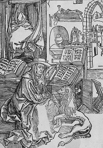 Albrecht Dürer, Der heilige Hieronymus, dem Löwen den Dorn ausziehend. 1492 (Dürer,Albrecht,1471-1528,Holzschnitt,Graphische Sammlung,<br> Städel Museum Frankfurt am Main,Städel Museum)