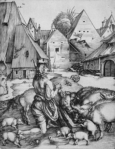 Albrecht Dürer, Der verlorene Sohn. Um 1496 (Dürer,Albrecht,1471-1528,Kupferstich,Graphische Sammlung,<br> Städel Museum Frankfurt am Main,Städel Museum,Schweine,kupferstich,stich,grafik,druckgrafik,schweinehirt,gleichnis,bibel,neues testament,schweineherde,christentum)