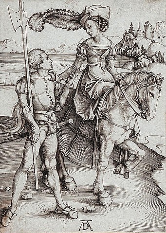 Albrecht Dürer, Das Fräulein zu Pferd und der Landsknecht. Um 1497 (Renaissance,16. Jahrhundert,15. Jahrhundert,<br> Städel Museum Frankfurt am Main,Graphische Sammlung,Kupferstich,1471-1528,Dürer,Albrecht,Städel Museum,Albrecht Dürer,Fräulein,Frau,zu Pferde,Jüngling,Söldner,Damenritt,Damensitz,Feder,Lanze,reiten,Reiterin)