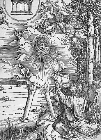 Albrecht Dürer, Johannes, das Buch verschlingend. Um 1497/98 (Dürer,Albrecht,1471-1528,Holzschnitt,Graphische Sammlung,<br> Städel Museum Frankfurt am Main,Städel Museum,Johannes,Dürer,buch,essen,schrift,verschlingen,inkorporation,apokalypse,offenbarung)