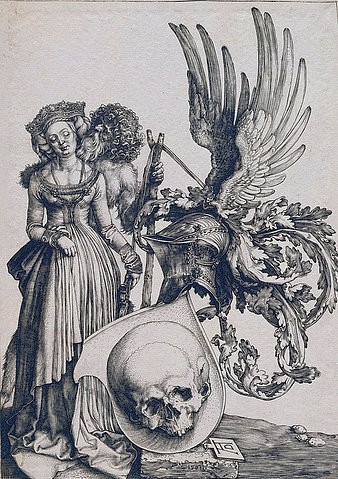 Albrecht Dürer, Das Wappen mit dem Totenkopf. 1503 (Dürer,Albrecht,1471-1528,Kupferstich,Graphische Sammlung,<br> Städel Museum Frankfurt am Main,16. Jahrhundert,Renaissance,Städel Museum,Albrecht Dürer,Helm,Flügel,Wappen,Schädel,Frau,Helmschmuck,Helmzier,wilder Mann,verführen,memento mori,Jungfrau)