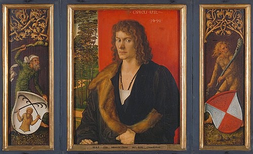 Albrecht Dürer, Bildnistriptychon Oswolt Krel. 1499 (München,Alte Pinakothek,Dürer,Albrecht,1471-1528,Lindenholz,Mann, Junge,Handel,Phantasiegestalt,Dürer, Albrecht 1471-1528, Bayerische Staatsgemäldesammlungen)