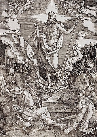Albrecht Dürer, Die Auferstehung Christi. 1510 (Renaissance,16. Jahrhundert,<br> Städel Museum Frankfurt am Main,Graphische Sammlung,Holzschnitt,1471-1528,Dürer,Albrecht,Städel Museum,Albrecht Dürer,Jesus Christus,Auferstehung,schlafende Wächter,Wachen,Wachposten,Strahlen,Segnen,Grab,Große Passion)
