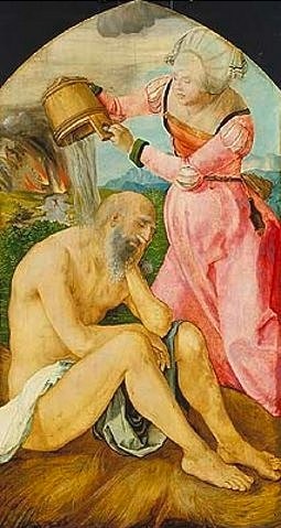 Albrecht Dürer, Jabach-Altar: Hiob wird von seinem Weib verspottet. Um 1505 (Städel Museum,Frankfurt am Main,Dürer,Albrecht,1471-1528,Mischtechnik/Lindenholz,Hiob,Paar,alt,Altes Testament,Spott,Dürer, Albrecht 1471-1528, Städel Museum,Hiob auf dem Mist,Jabach-Altar)