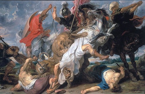 Peter Paul Rubens, Die Löwenjagd. 1621 (Jagdszene, Löwen  Jagd, Jäger, Beute, Lanzen, Reiter, Drama, Pferde, Barock, Klassiker, Malerei, Treppenhaus, Wohnzimmer, Wunschgröße, bunt)
