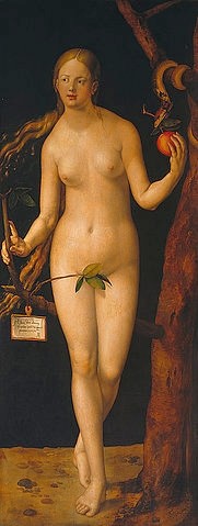 Albrecht Dürer, Eva. 1507 (16. Jahrhundert,Nadelholz,1471-1528,Dürer,Albrecht,Madrid,Museo del Prado,Eva,Dürer, Albrecht Dürer,Renaissance,Frau,Akt,Apfel,Schlange,Garten Eden)
