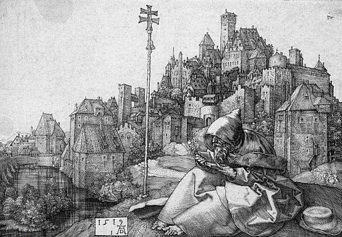 Albrecht Dürer, Der Hl. Antonius vor der Stadt. 1519 (Dürer,Albrecht,1471-1528,Kupferstich,Graphische Sammlung,<br> Städel Museum Frankfurt am Main,Städel Museum Burg Häuser Architektur Stadt Burg)