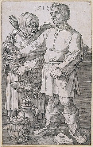 Albrecht Dürer, Der Marktbauer und sein Weib. 1519 (Renaissance,16. Jahrhundert,<br> Städel Museum Frankfurt am Main,Graphische Sammlung,Kupferstich,1471-1528,Dürer,Albrecht,Städel Museum,Albrecht Dürer,Mann,Frau,Korb,Eier,Marktfrau,Bäuerin,Bauer,Ware,Stiefel,Kopftuch,Paar)