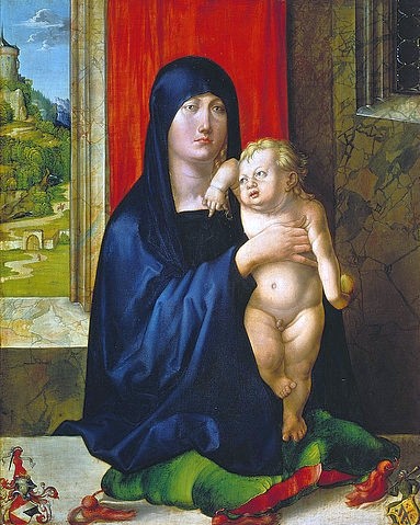 Albrecht Dürer, Maria mit dem Kind am Fenster (Madonna der Familie Haller). Um 1498 (Washington,National Gallery,Dürer,Albrecht,1471-1528,Holz,15. Jahrhundert,Madonna,Dürer, Albrecht Dürer,Renaissance,Vorhang,Wappen,Schleier,Kissen,Chrituskind,Jesuskind)