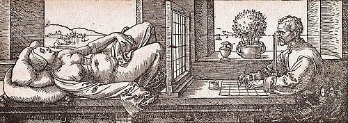 Albrecht Dürer, Der Zeichner des weiblichen Modells. Um 1520 (Städel Museum,Frankfurt am Main,Dürer,Albrecht,1471-1528,Holzschnitt,Graphische Sammlung,Albrecht Dürer,Underweysung der Messung mit dem Zirckel und Richtscheyt,Messapparatur,Hilfsmittel,Modell,Gitter,Künstler und Modell,bei der Arbeit,Perspektive,Projekt)
