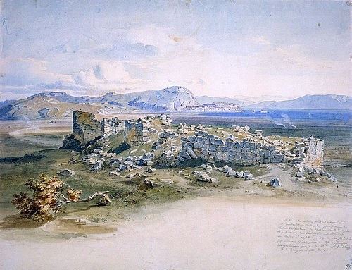 Carl Rottmann, Tiryns (Naturstudie). 1834 (Landschaftsmalerei, Studie, Peleponnes, Berge, Gebirge, Horizont, Griechenland, mythisch, episch, heroisch, Antike, Malerei, Romantik, Klassiker, Wunschgröße,  Wohnzimmer, bunt)