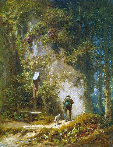 Carl Spitzweg, Jäger im Wald. (Malerei, Klassiker, Wald, Natur, Jäger, Jagdhund, Wegekreuz, Idylle, Spätromantik, Wunschgröße, Wohnzimmer, Treppenhaus, bunt)