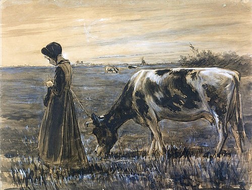 Max Liebermann, Mädchen mit Kuh. Um 1885. (Landwirtschaft, Impressionismus,  impressionsistisch, Acker, Feld, Kuh, Magd, ländlich, bäuerlich, malerei, wunschgröße, wohnzimmer, bunt)