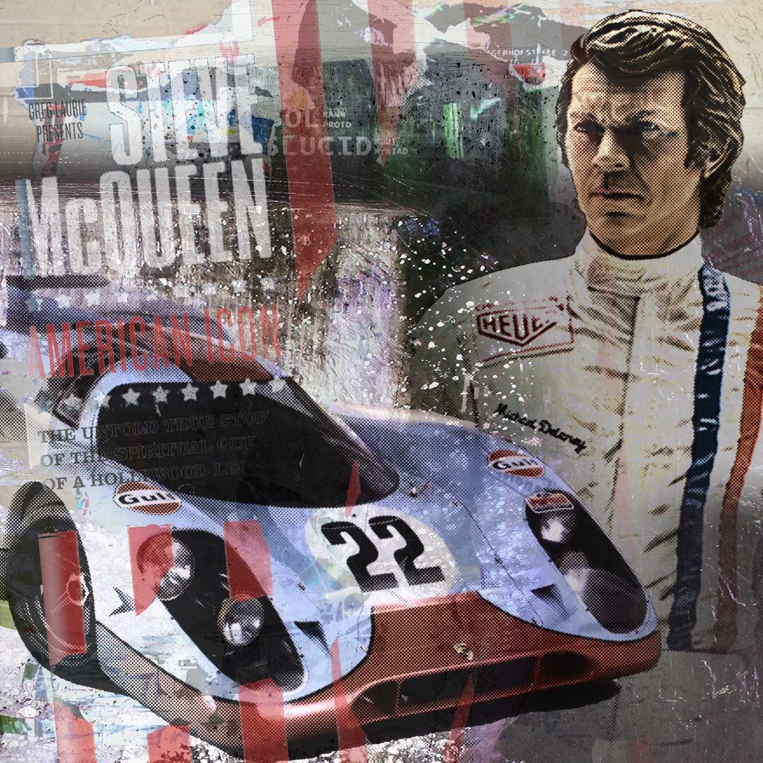 Peter Sander, 917 McQueen (Rennfahrer, Rennwagen, Schauspieler, Persönlichkeiten, Popart, modern, illustrativ, Fotokunst, Wunschgröße, Treppenhaus, Wohnzimmer,)