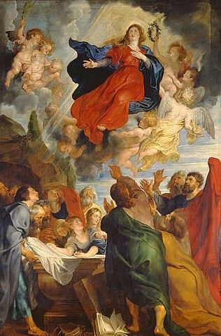 Peter Paul Rubens, Die Himmelfahrt Mariae.  Um 1616-1618 (Religion,Christentum,Christliche Kunst,Neues Testament,niederländisch,Barock,17. Jahrhundert,Dauerleihgabe der Kunstakademie Düsseldorf,Düsseldorf,Kunstpalast,und Werkstatt,Öl auf Holz,1577-1640,Rubens,Peter Paul,Rubens,Peter Paul,Himmelfahrt Mariae,Maria)