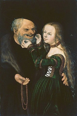 LUCAS CRANACH Der Ältere, Das ungleiche Paar (Der verliebte Alte). Um 1530 (Paar, junge Frau, alter Mann, Liebesbeziehung, ungleiches Paar, Goldkette, Klassiker, Renaissance, Wunschgröße, Wohnzimmer)