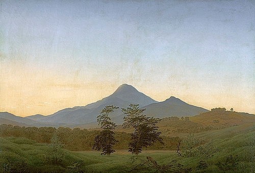Caspar David Friedrich, Böhmische Landschaft. Um 1808 (Stuttgart,Staatsgalerie,Friedrich,Caspar David,1774-1840,Öl auf Leinwand,Friedrich, Caspar David Friedrich,19. Jahrhundert,Romantik,Tschechien,Berge,Landschaft,Böhmen,Mittelgebirge,Bergspitze,symbolisch,niedriger Horizont,Milleschauer)