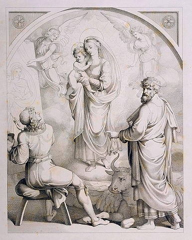 Franz u. Johannes Riepenhausen, Raffael an einer Madonna mit dem Kinde malend, aus der Folge Leben Raphael Sanzios von Urbino. Um 1810-20 (Städel Museum,Frankfurt am Main,Riepenhausen,Franz u. Johannes,19.Jahrhundert,Kupferstich,Graphische Sammlung,und Radierung,Riepenhausen, Franz und Johannes,italienischer Maler,Renaissance,Raffael,Maria,Madonna,Jesuskind,Engel,malen,Genie,Stier,Evangelist)