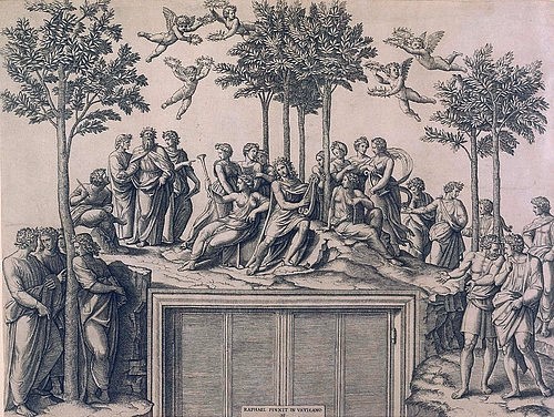 Marcantonio Raimondi, Der Parnass (nach Raffael). Um 1510/15 (Städel Museum,Frankfurt am Main,Kupferstich,Graphische Sammlung,Raimondi,Marcantonio,16. Jahrhundert,Renaissance,ca. 1480-1527,Marcantonio Raimondi,Parnass,Parnaß,Apollo,Musen,Engelchen,Putten,Putti,Mythologie,Götter,Versammlung)